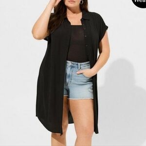 🆕️🖤 3X BLACK WASHABLE CRINKLE GAUZE DROP SHOULDER BUTTON UP TUNIC🖤